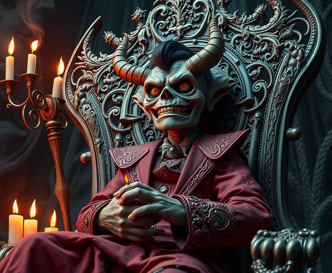 Surreal whimsical character on a throne in vibrant fantasy scene