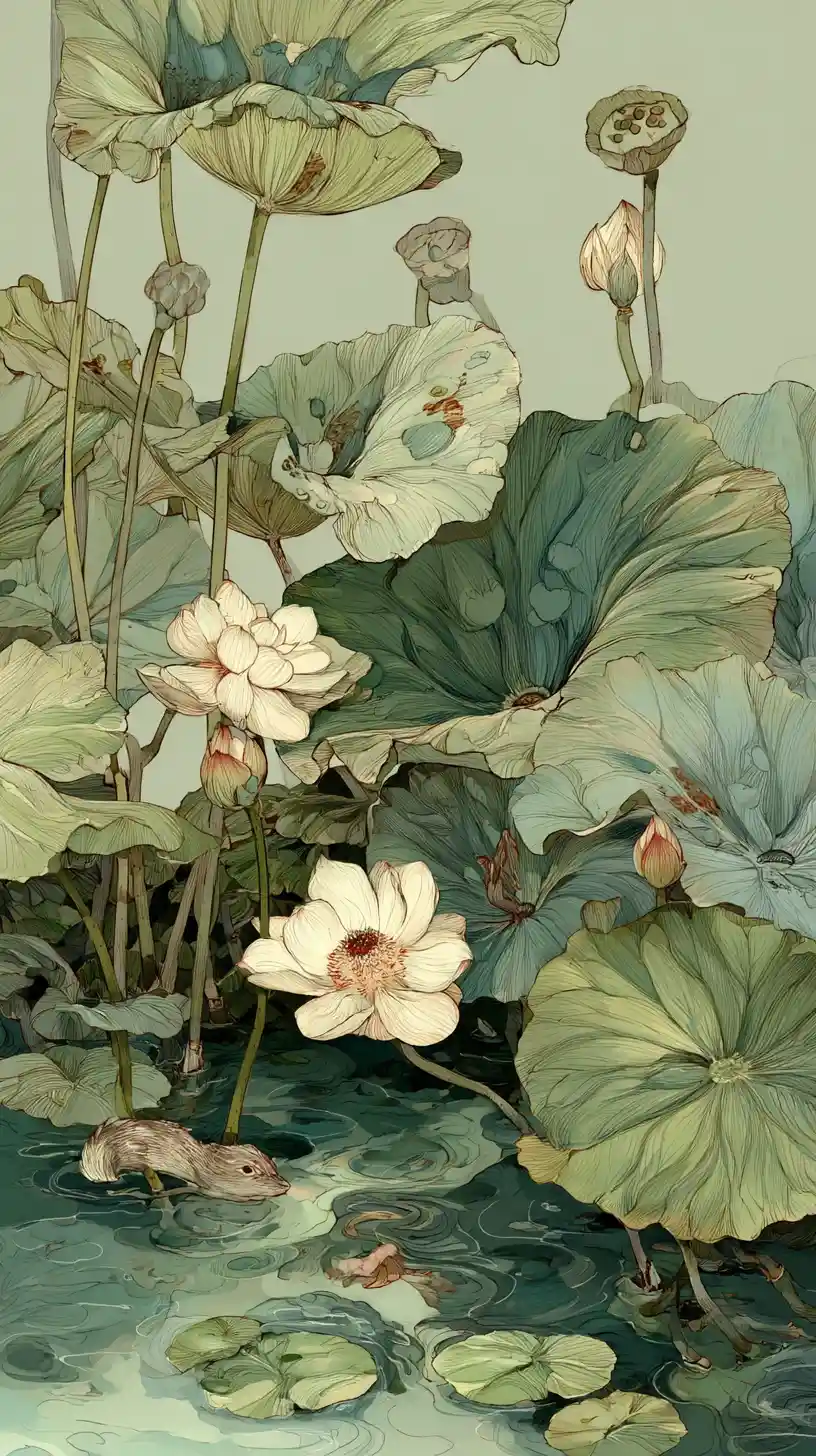 Meditative strawberry creature in a tranquil lotus pond