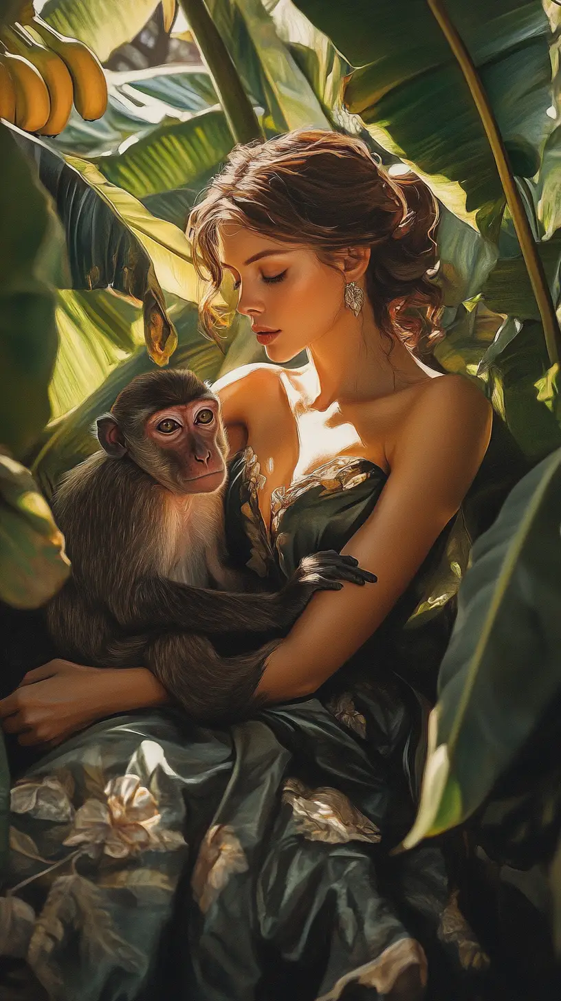 Elegant woman with monkey in a sunlit banana tree