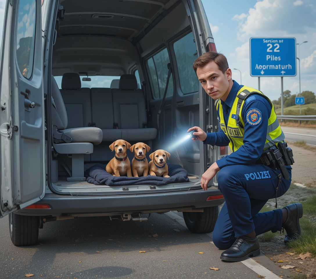 Police officer inspecting van with rescued puppies inside