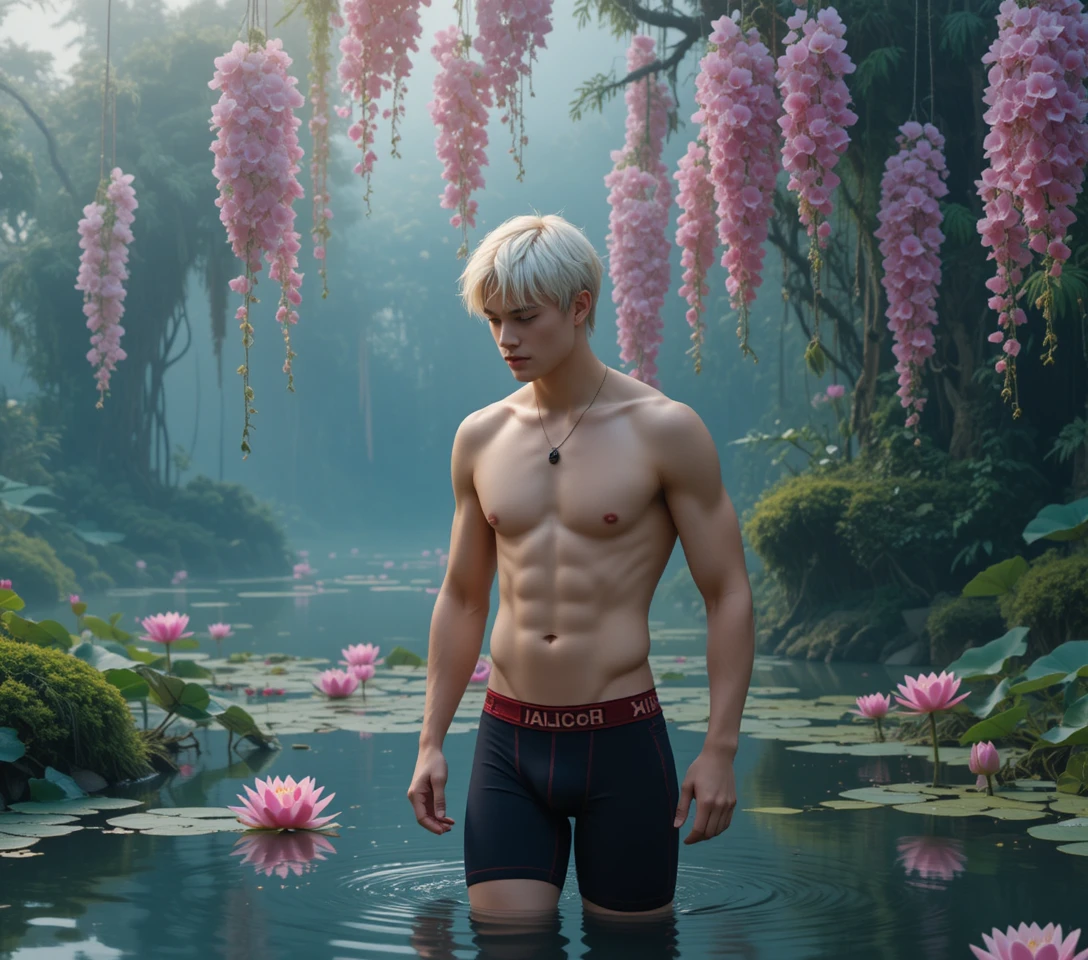 Young man walking over a misty tropical lotus lake