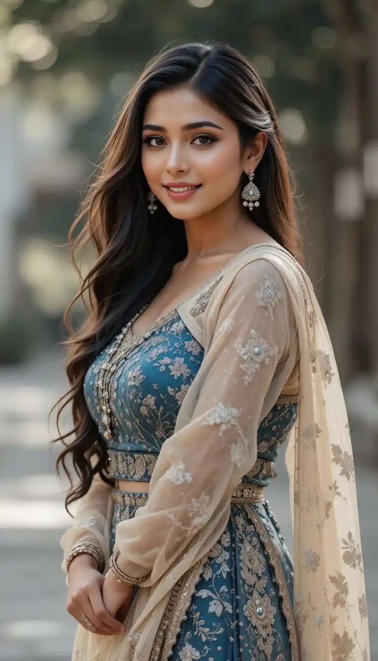 Elegant Indian woman smiling in a graceful modern outfit