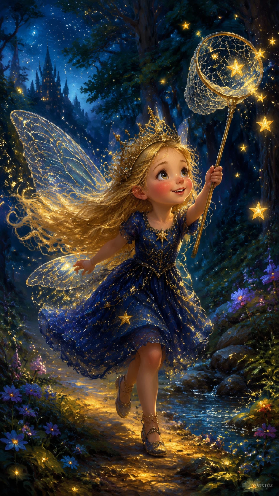 Fairy girl chasing golden stars in a moonlit forest