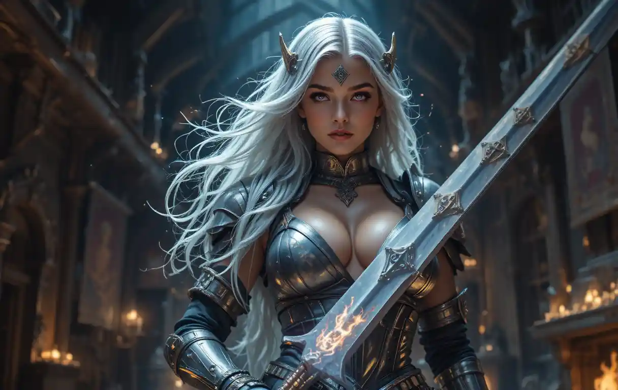 Silver haired paladin with greatsword in dim guild hall
