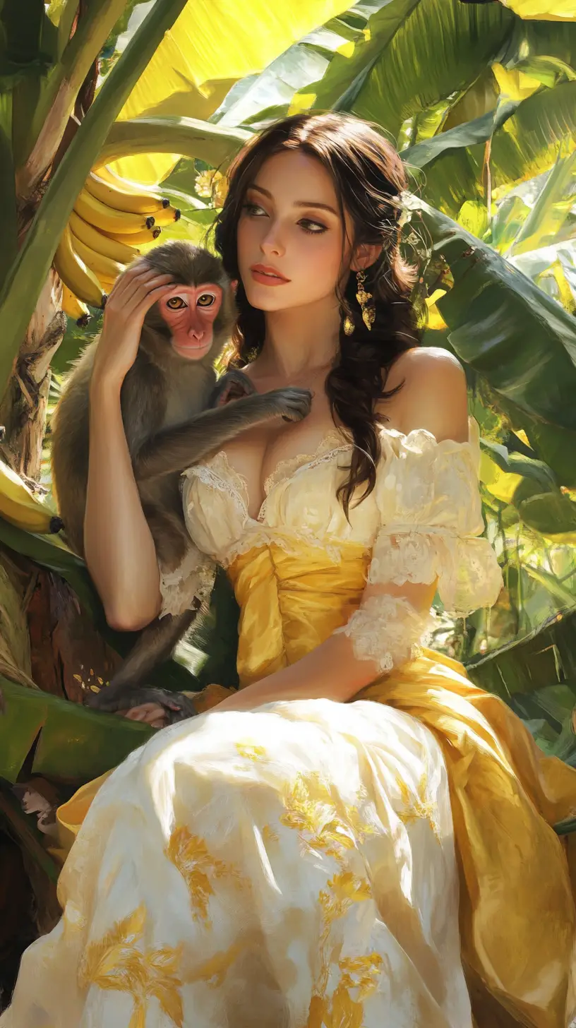 Elegant woman with monkey in a sunlit banana tree