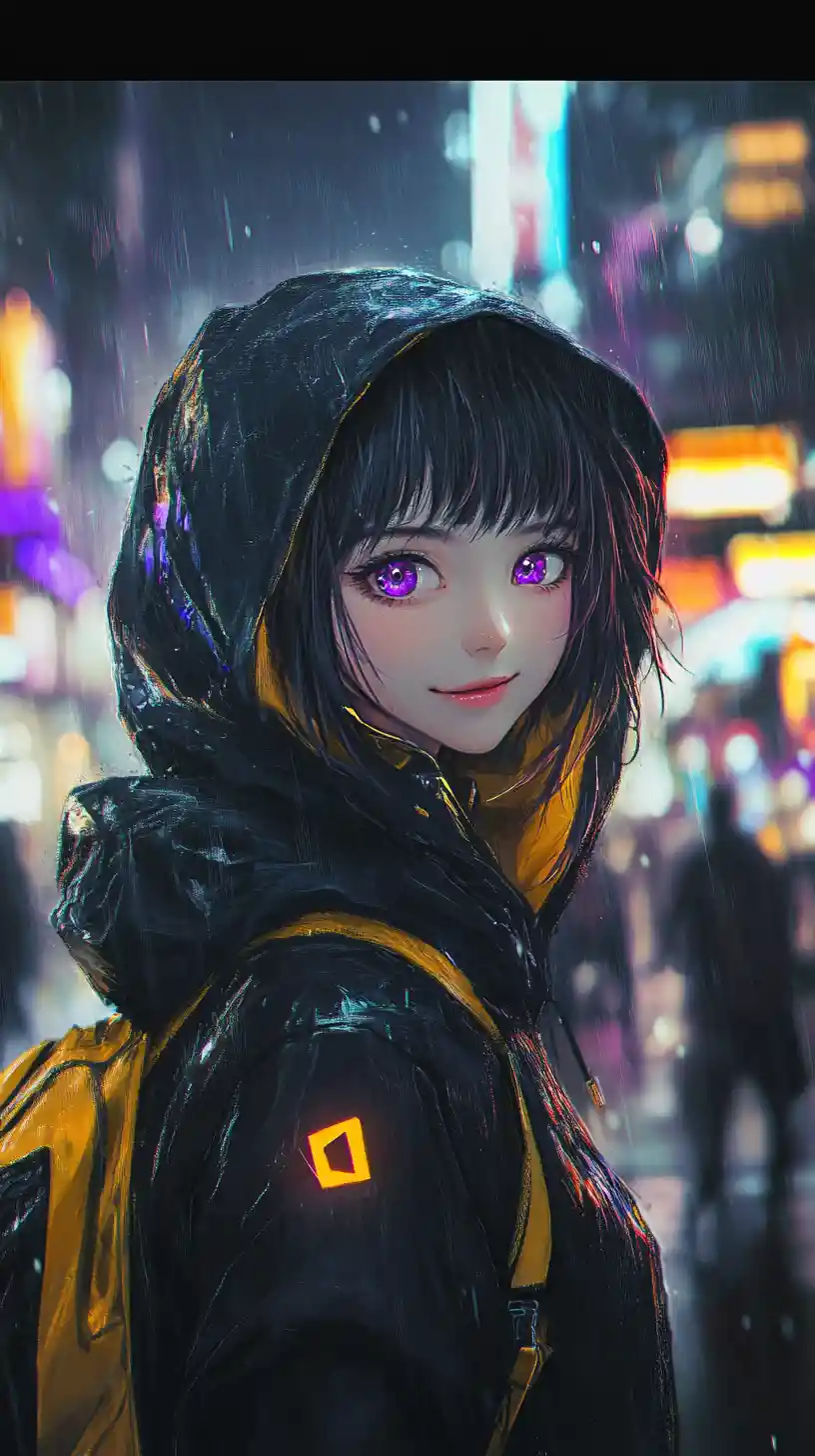 Anime girl in neon city street at rainy night