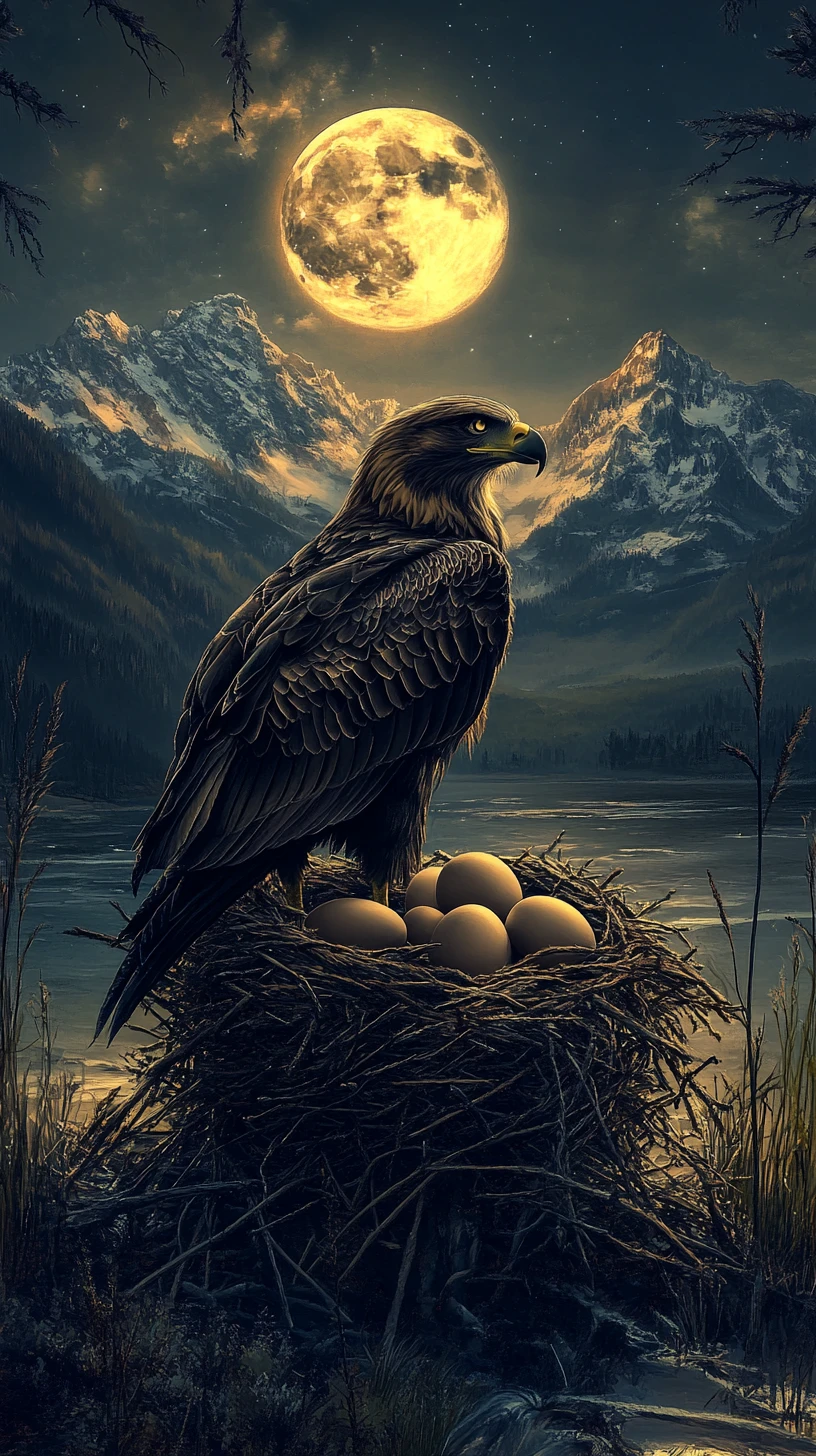 Eagle Guarding Its Nest Under The Full Moon