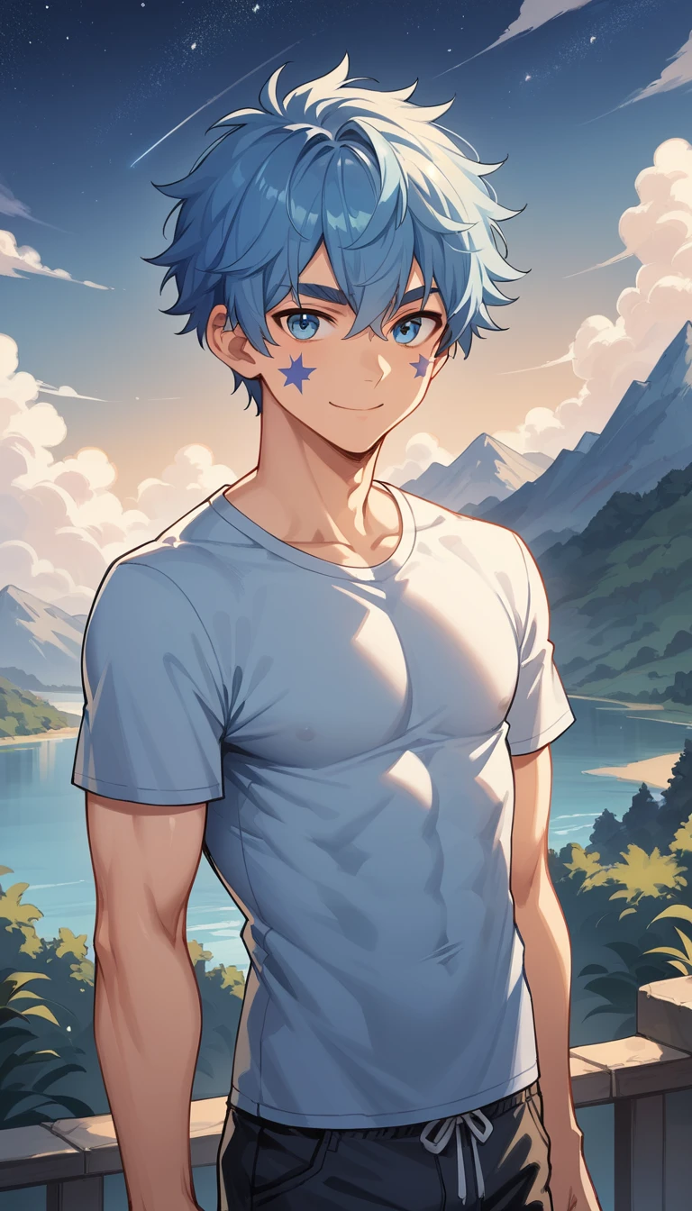 Tall anime man standing under a starry mountain sky