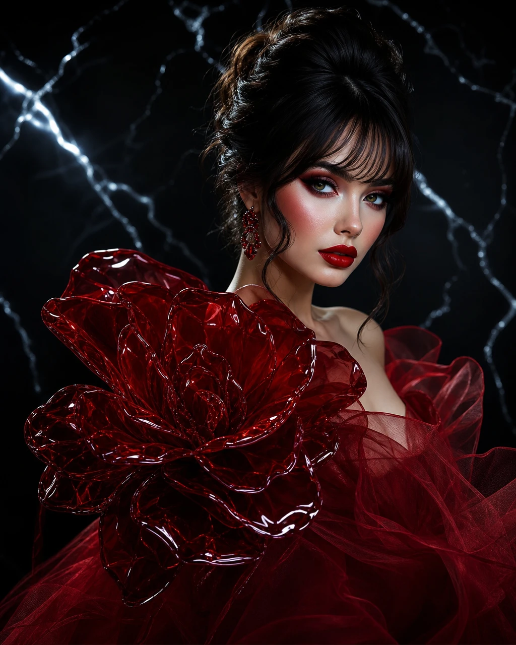 Retrato glamuroso de mujer con vestido de flores de vidrio rubí