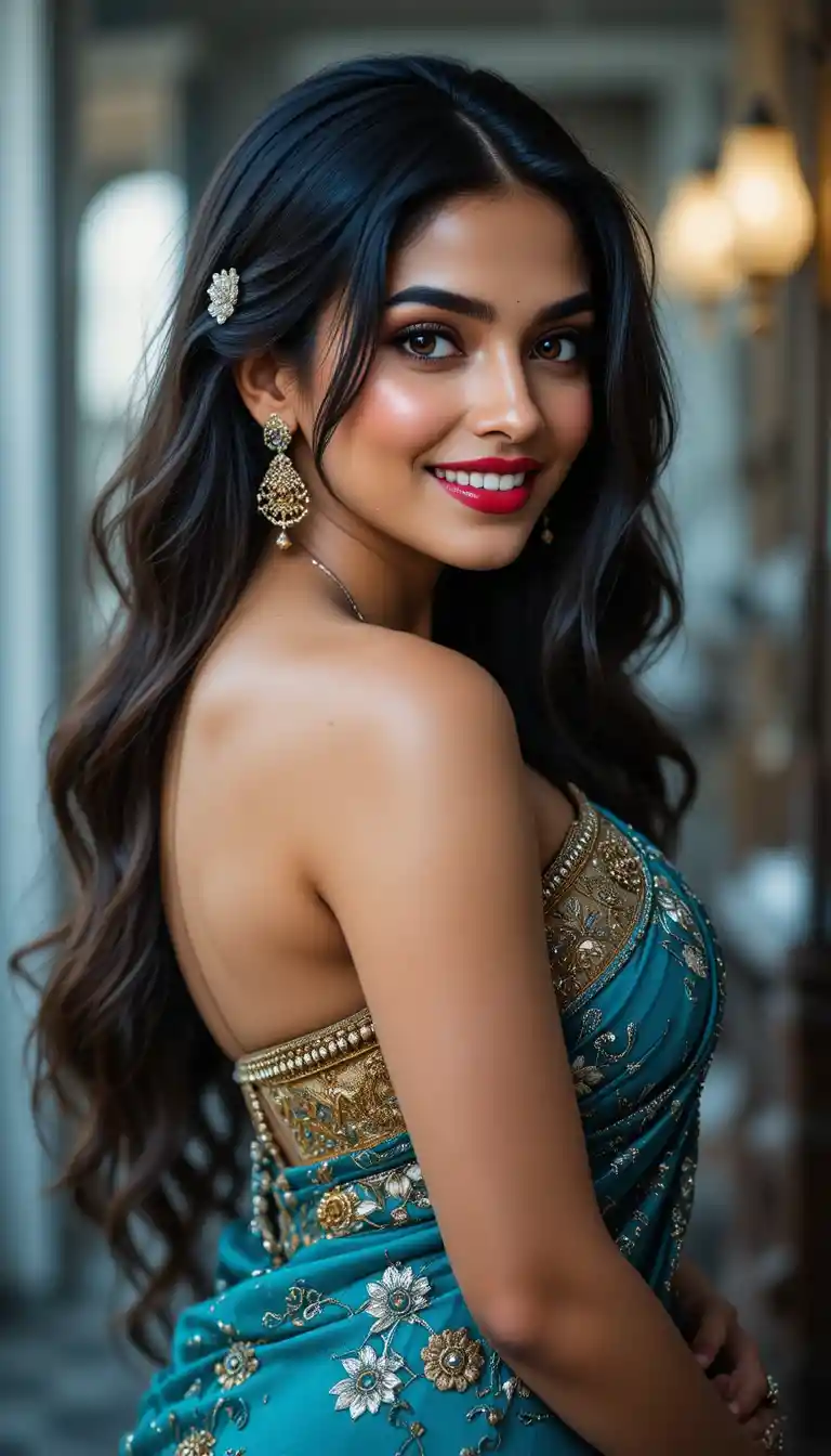 Elegant Indian woman smiling in a modern traditional outfit