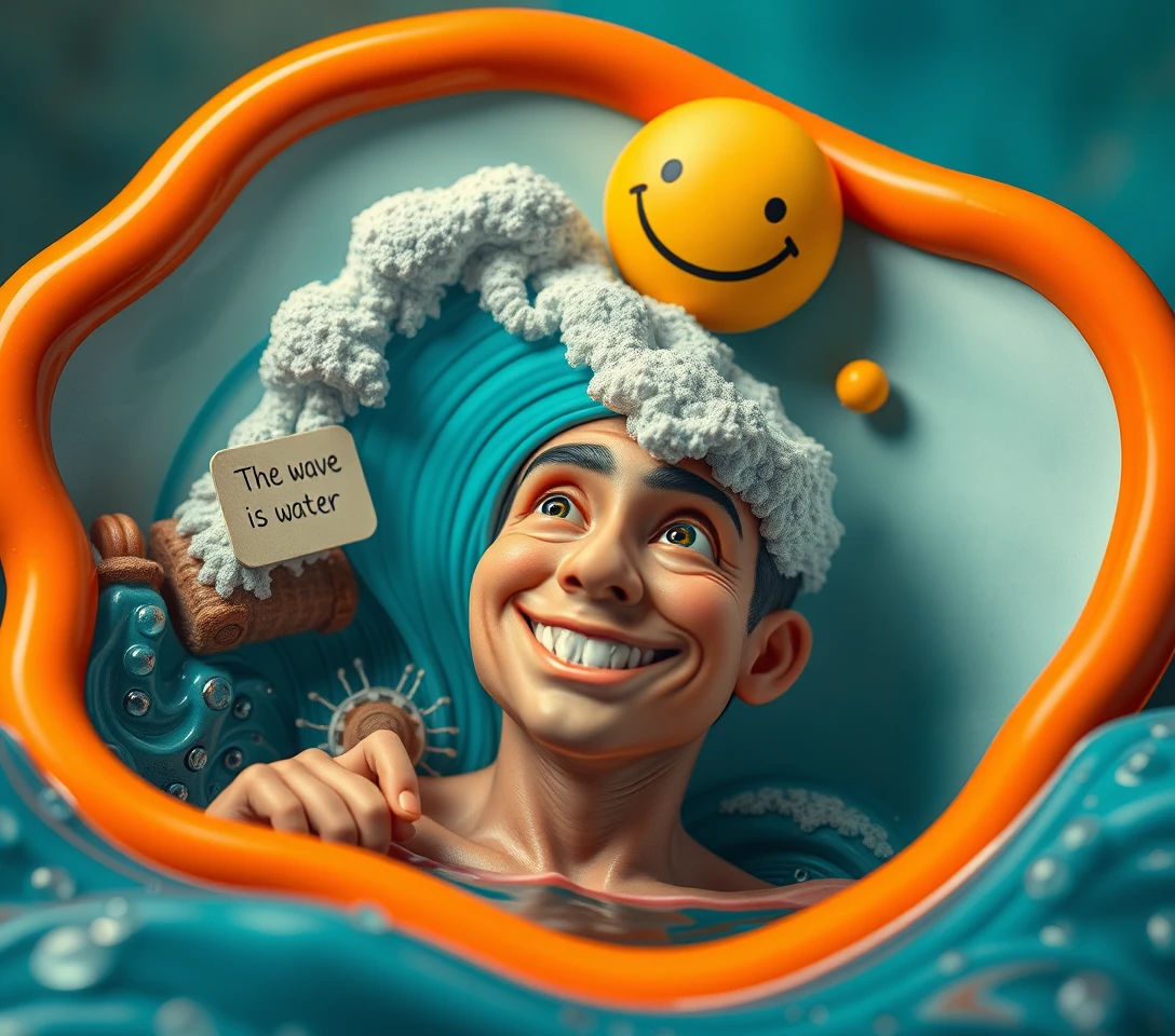 Surreal woman smiling in a playful wave of water scene