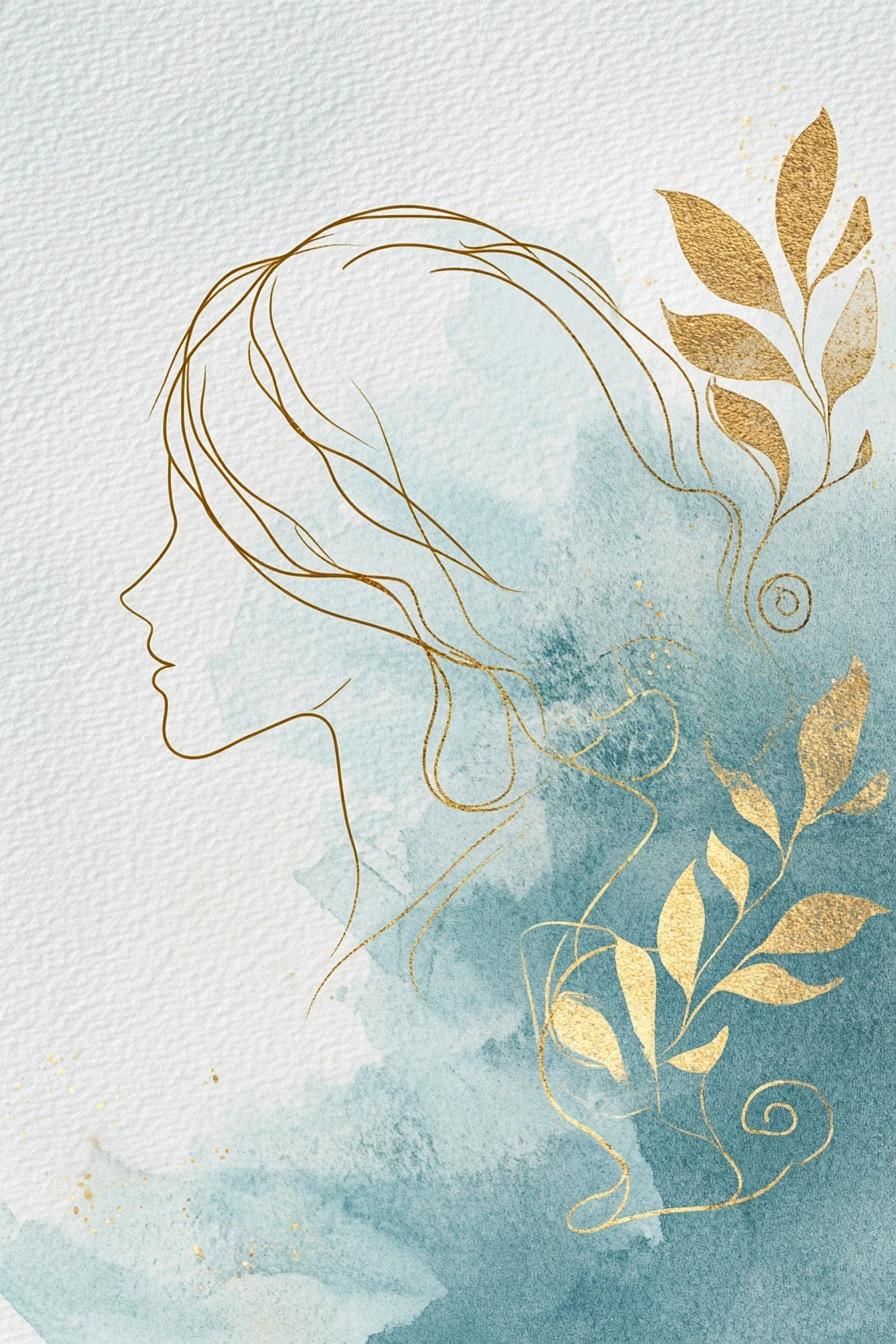 Minimal gold one line female profile on watercolor paper