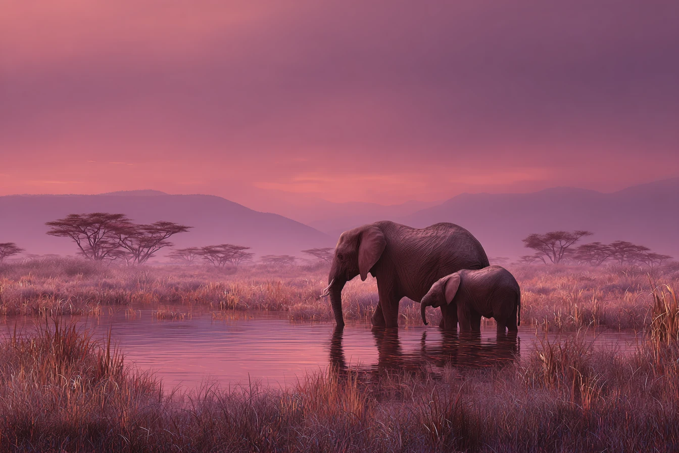 Elephants At Serengeti Watering Hole Under Jewel Tone Sunset