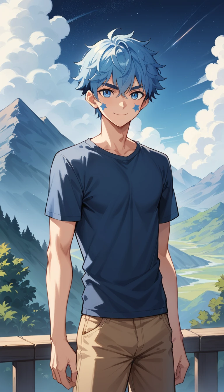 Tall anime man standing under a starry mountain sky