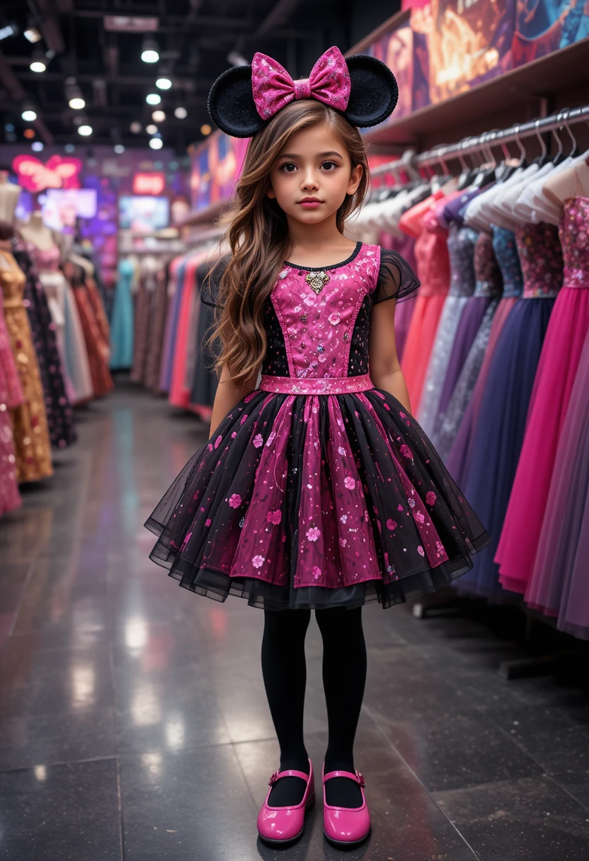 Hispanic tween in hot pink Minnie dress in shop