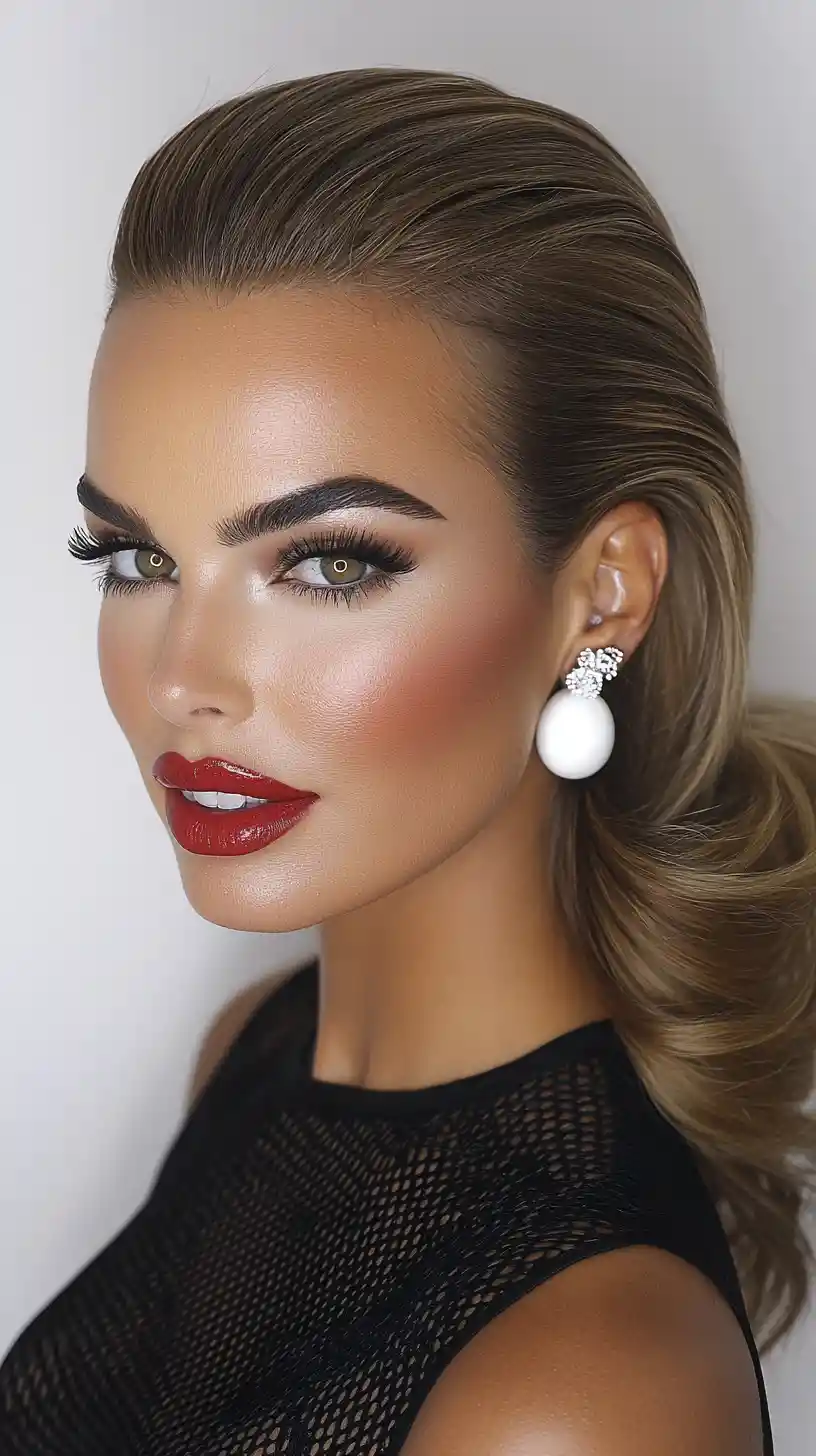 Confident beauty portrait with wet slicked hair and bold lip