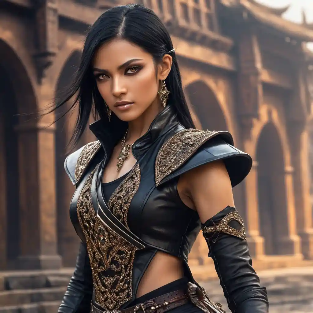 Alluring fantasy dancer with jeweled sword and amber eyes