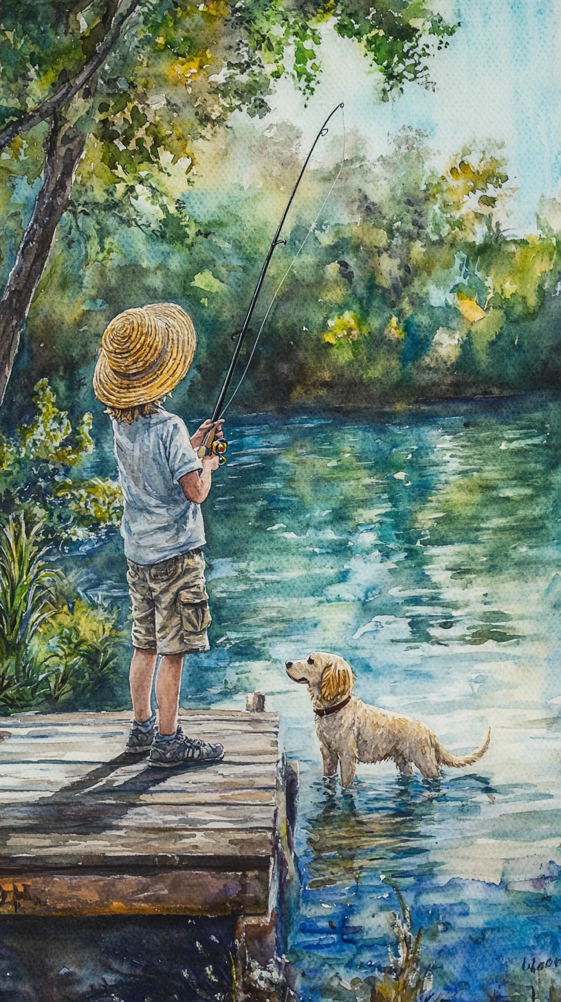 Boy Fishing With Dog On Wooden Dock By Calm Lake