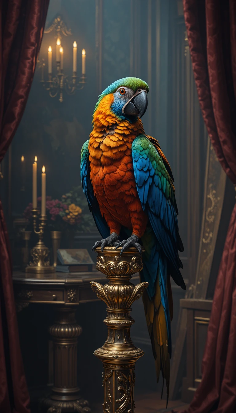 Majestic macaw on gilded stand in candlelit study