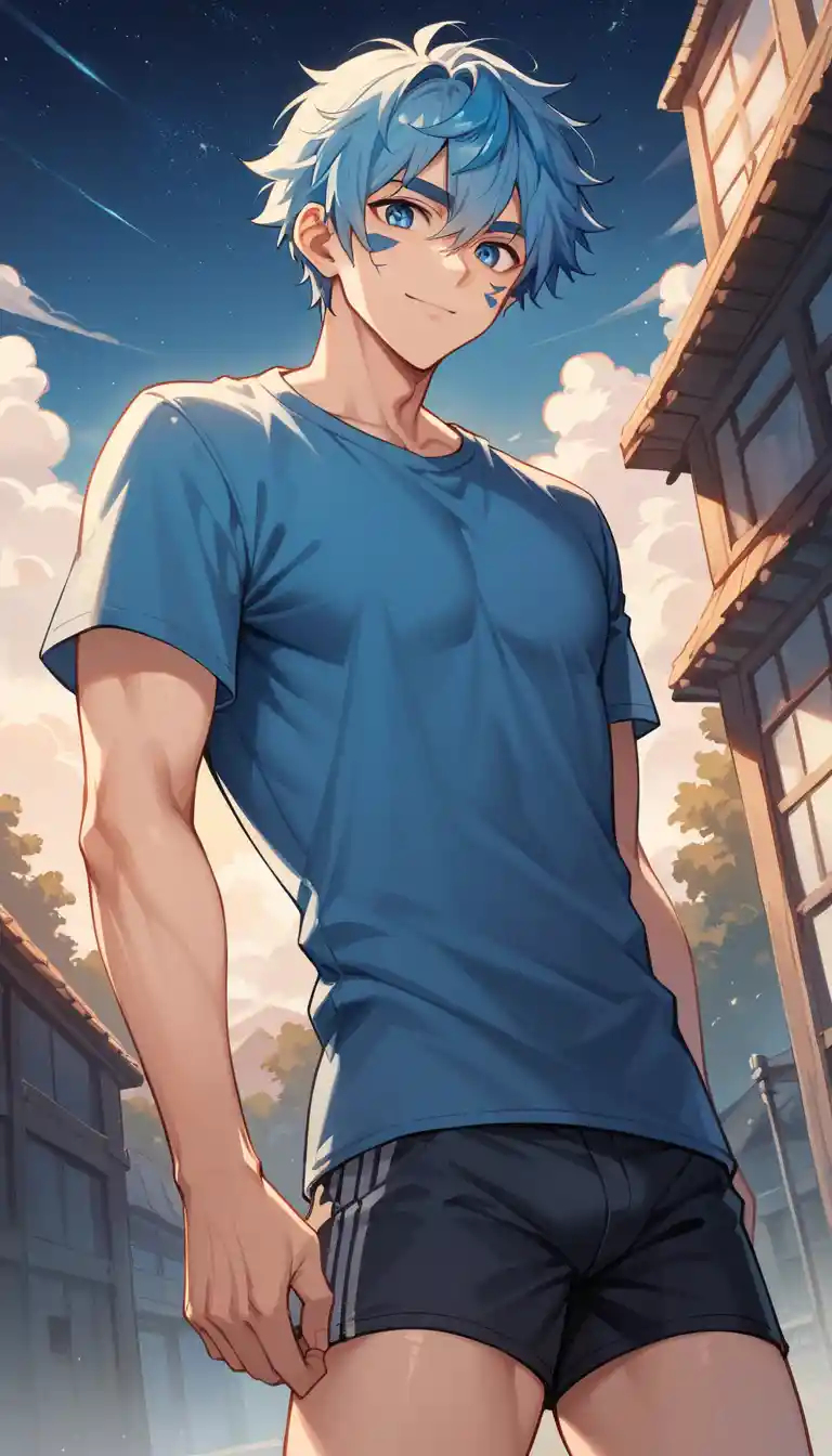 Tall anime man standing under a starry mountain sky