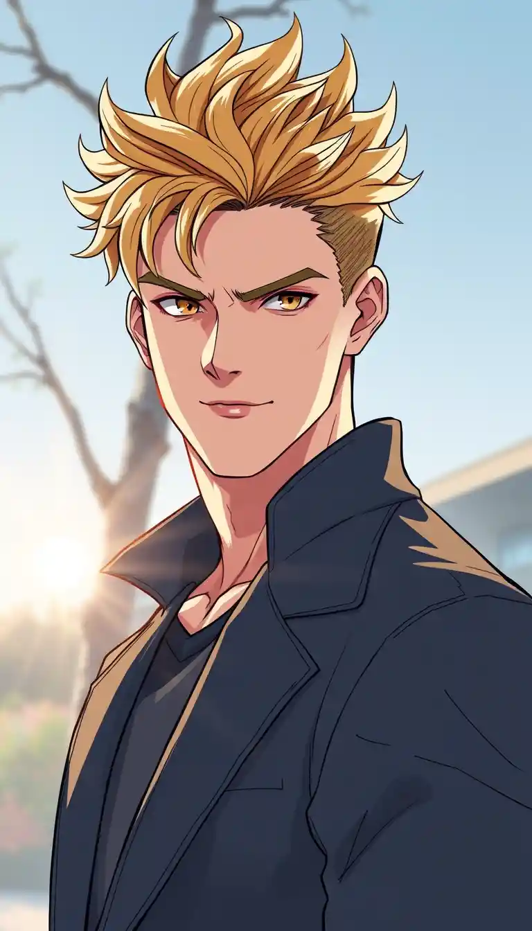 Golden haired young man in smart casual outfit outdoors