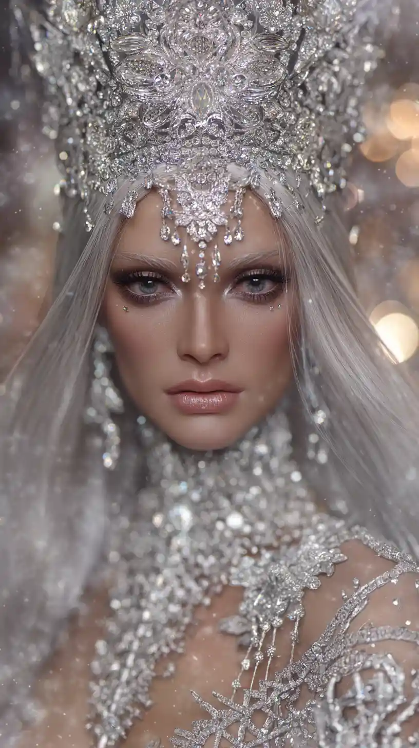 Ethereal ice queen in jeweled crown and couture gown