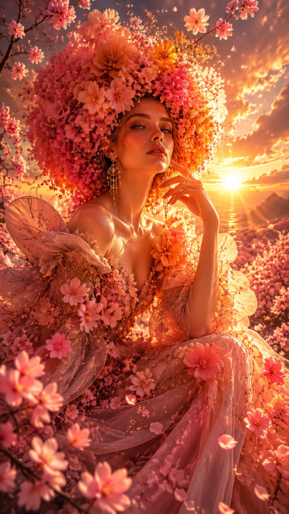 Melancholic fantasy woman amid blossoms on a glowing hillside