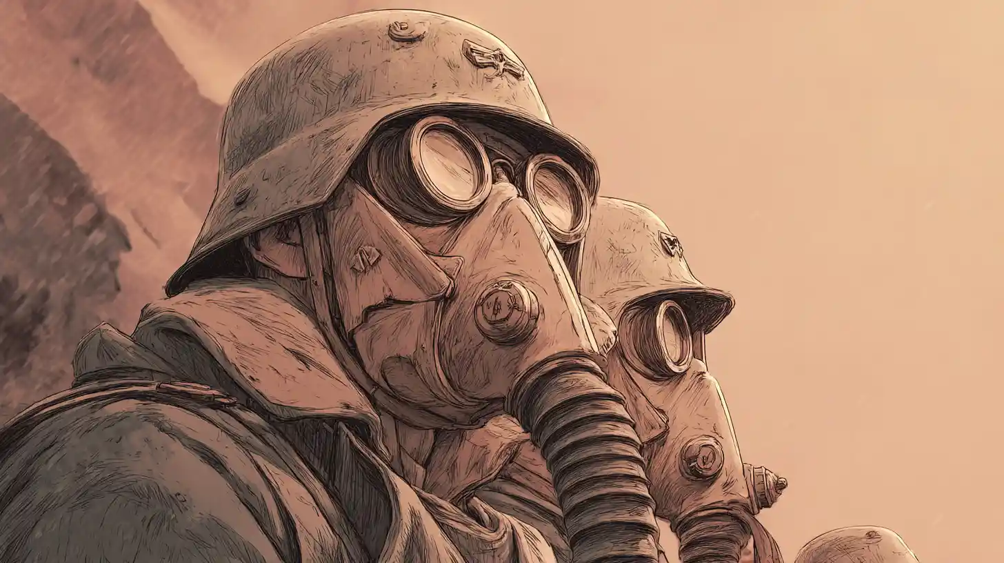 German soldier with respirator in a windswept desert scene
