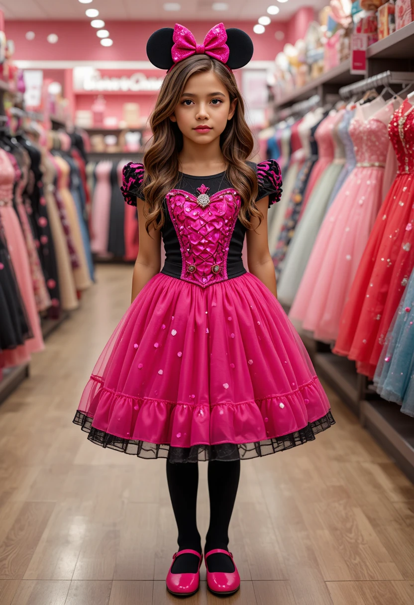 Tween boy in pink Minnie dress at Disney shop