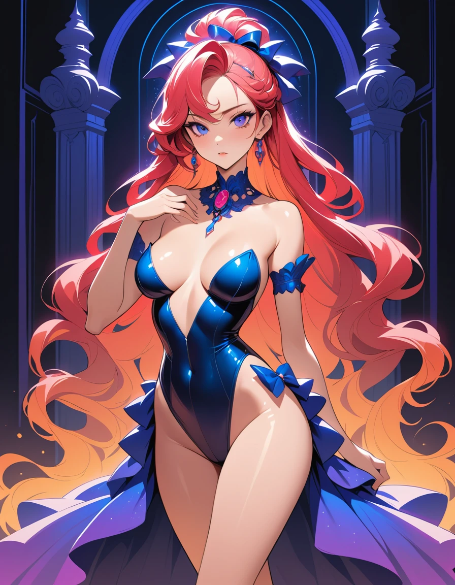 Seductive redhead courtesan in neon lit rococo ballroom