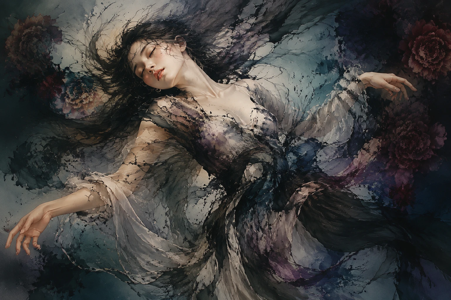 Ethereal woman falling through flowing watercolor ink forms