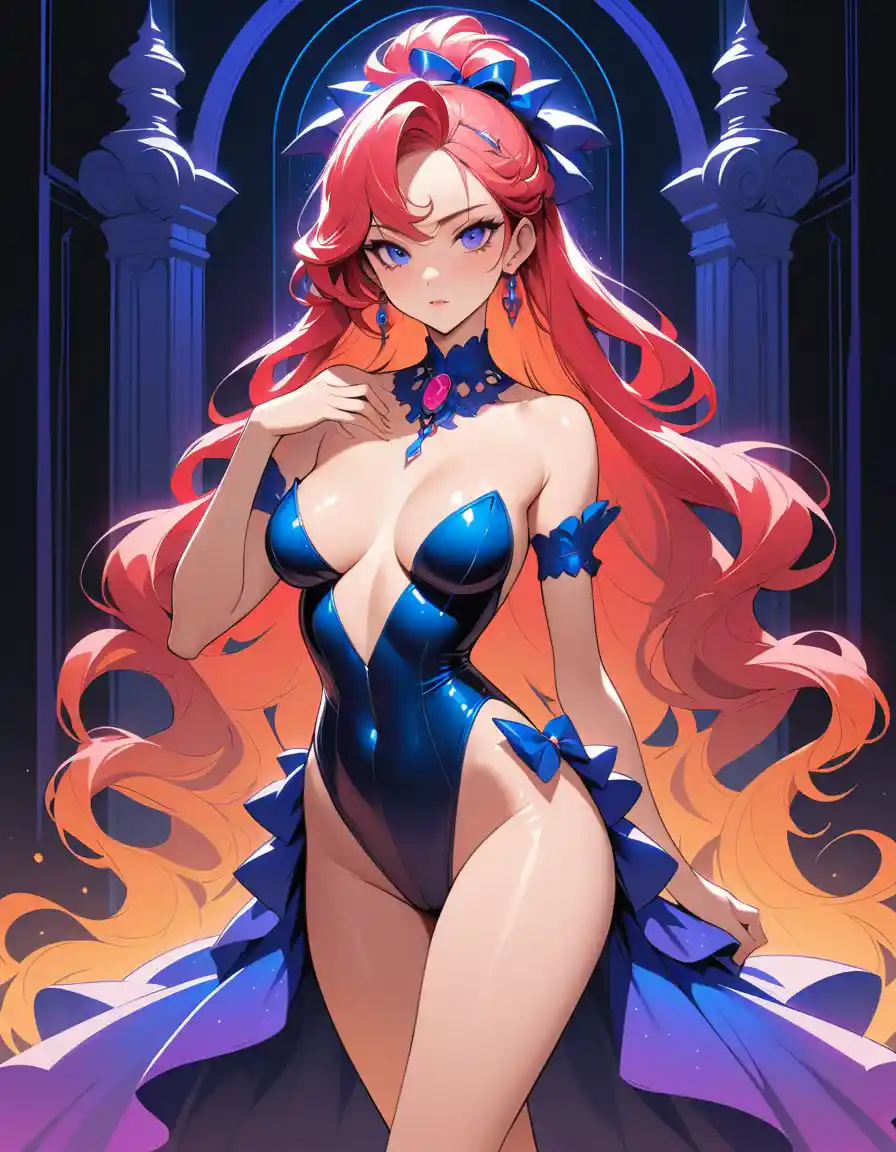 Seductive redhead courtesan in neon lit rococo ballroom