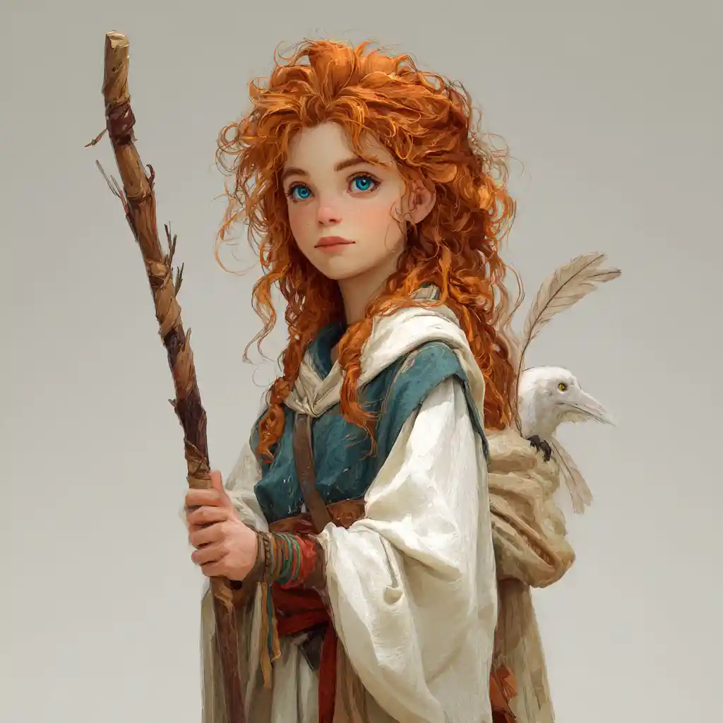Red haired druid woman with staff in simple robes