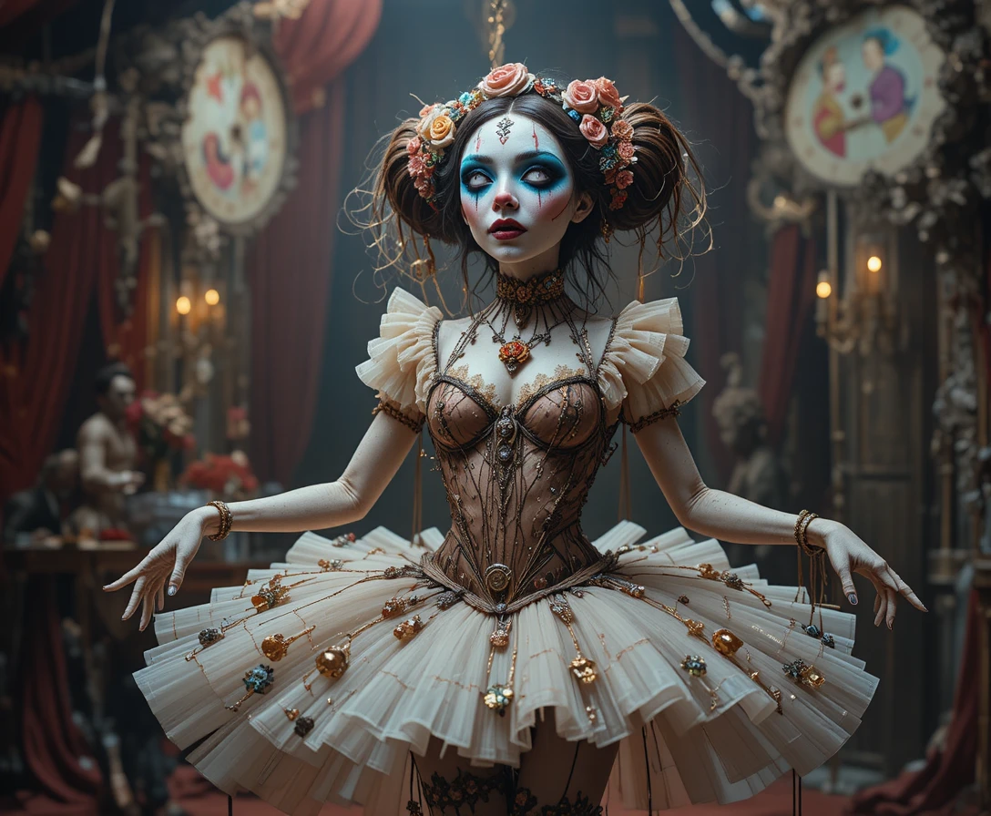 Sleepy eyed puppet dancer in a surreal circus stage