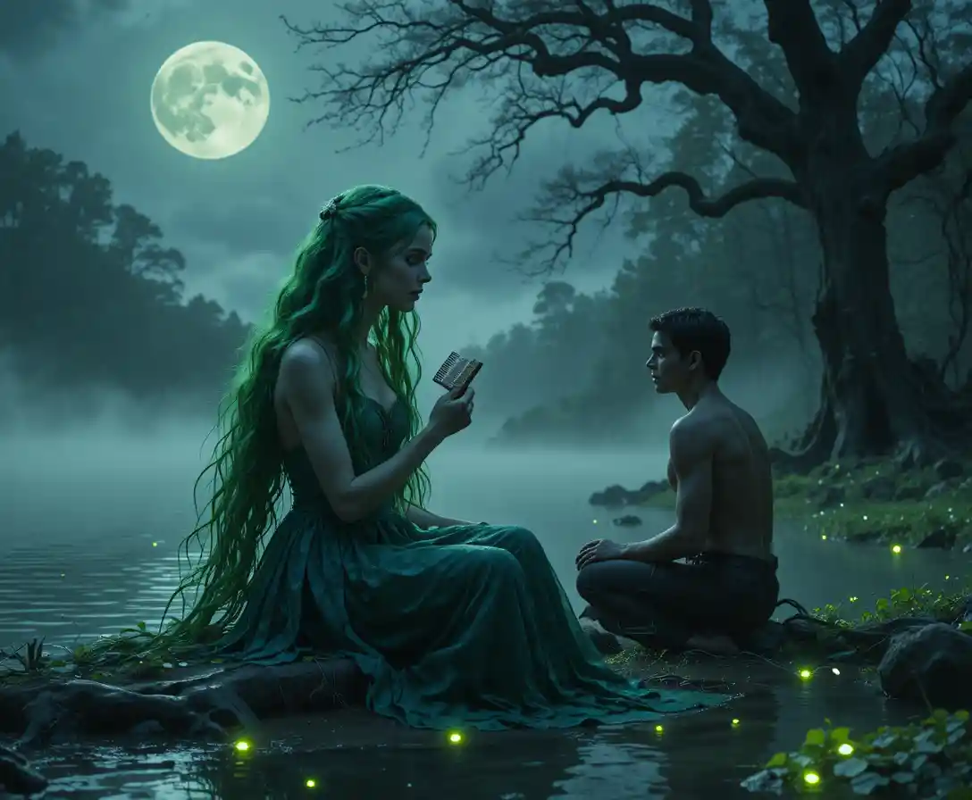 Rusalka combing green hair by the moonlit riverbank