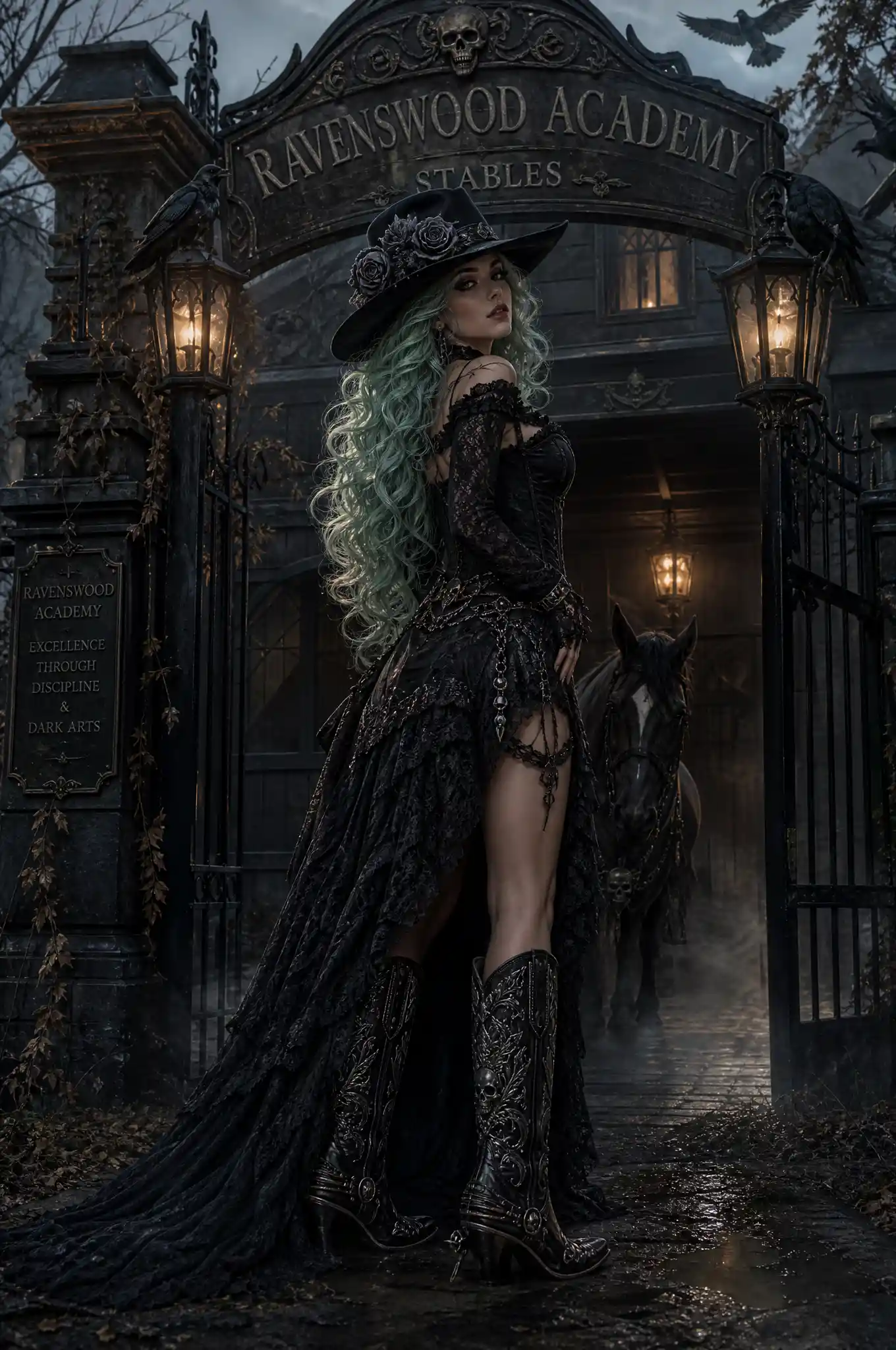 Gothic cowgirl standing by a haunted academy stable