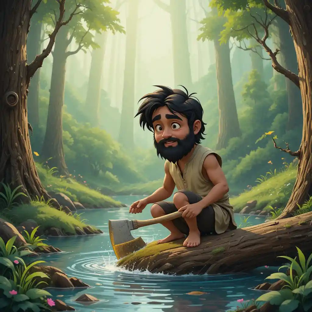 Poor woodcutter Ali cutting trees in a quiet forest