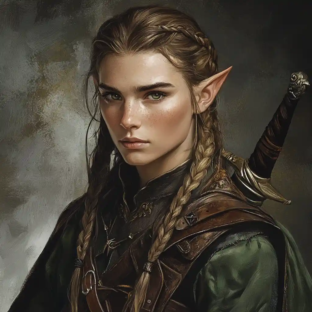 Elf warrior woman with braids and dual bladed sword