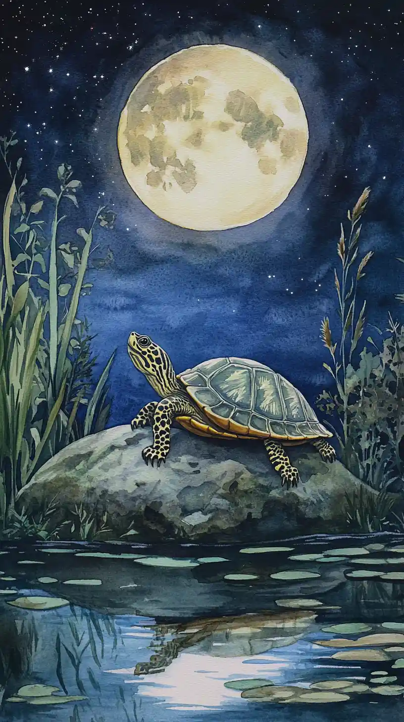 Watercolor turtle resting by a moonlit pond at night