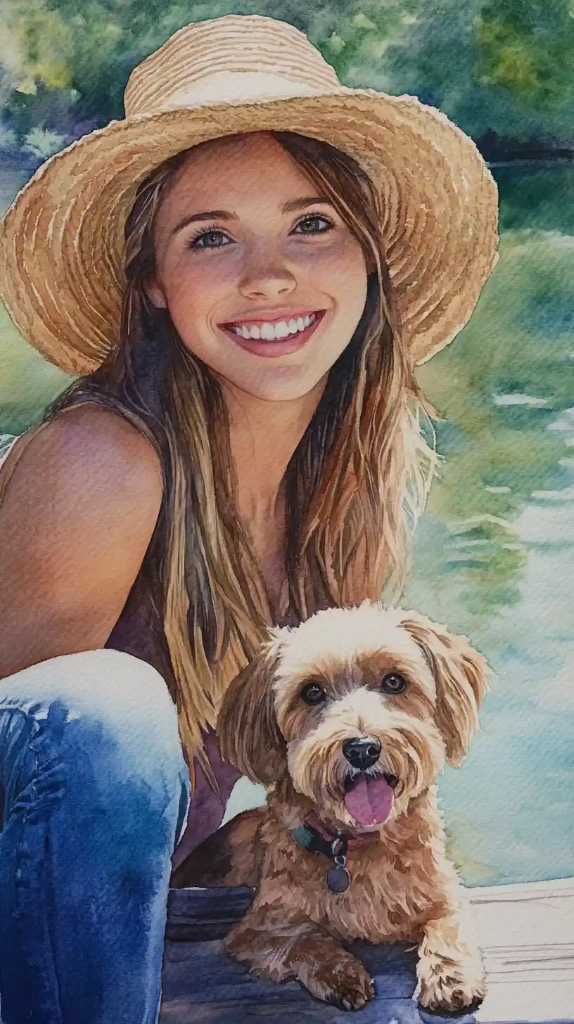 Watercolor girl with dog relaxing on lakeside wooden jetty