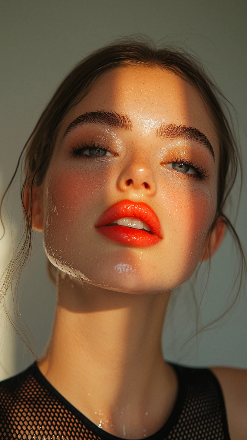 Ritratto beauty sicuro di sé con capelli all’indietro effetto bagnato e labbra audaci