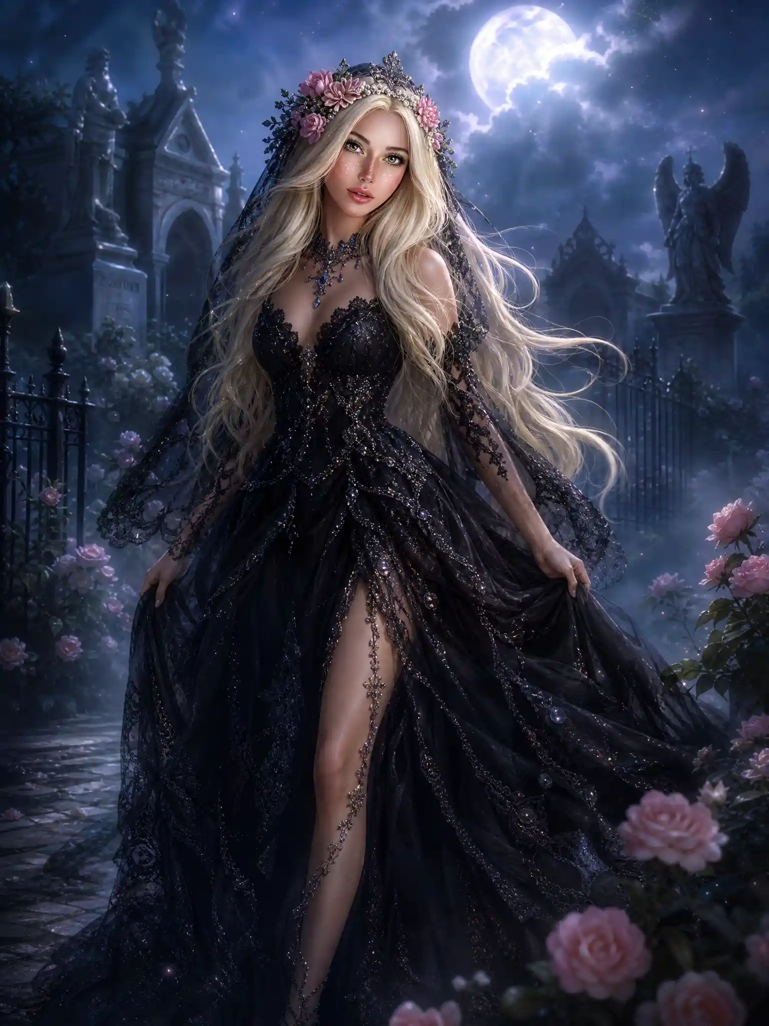Elegant woman in black lace gown walking through cemetery