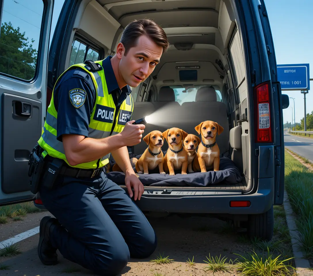 Police officer rescuing puppies from van by rural highway