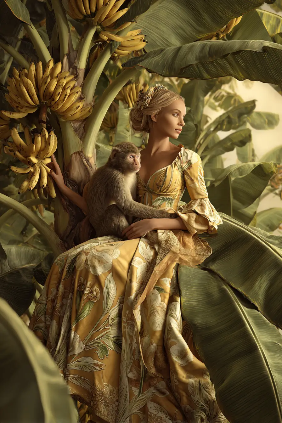 Elegant woman with monkey in sunlit banana tree garden