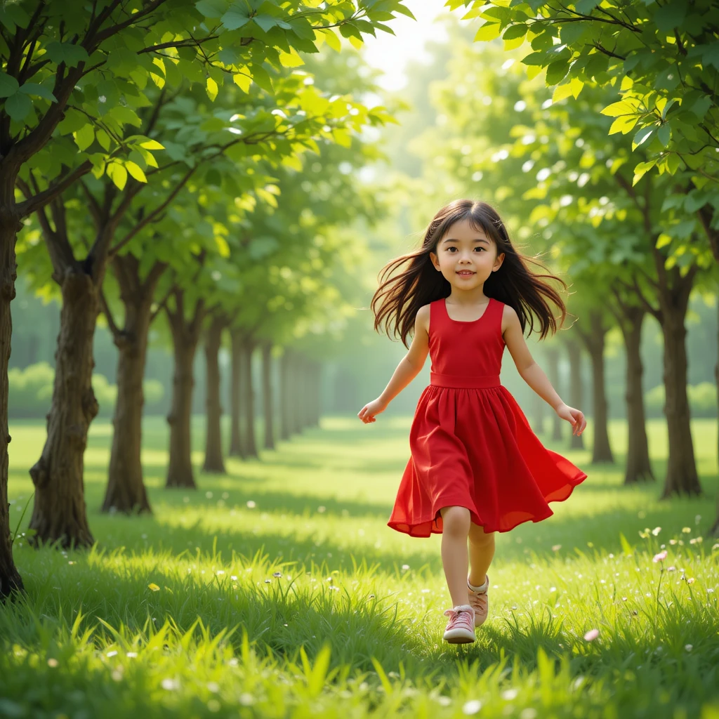 Happy young girl running in a lush green garden