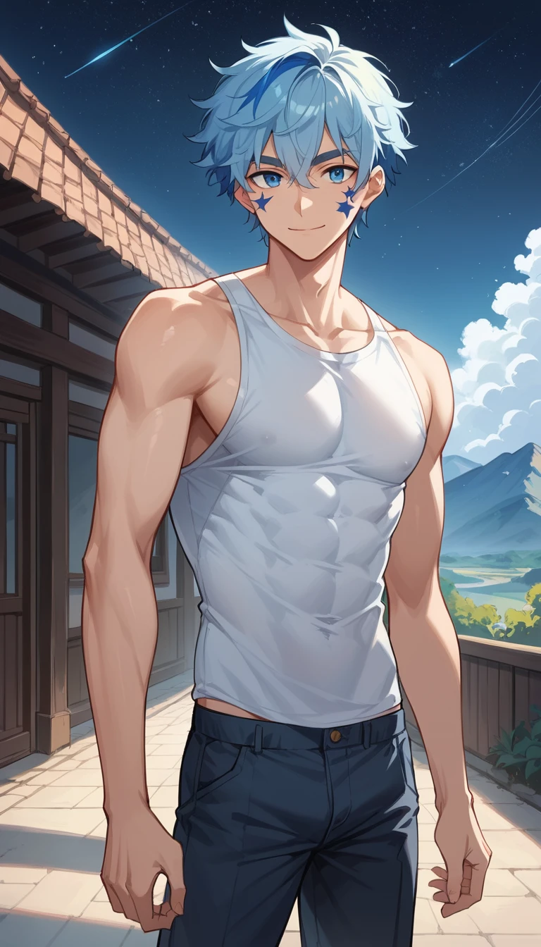 Tall anime man standing under a starry mountain sky