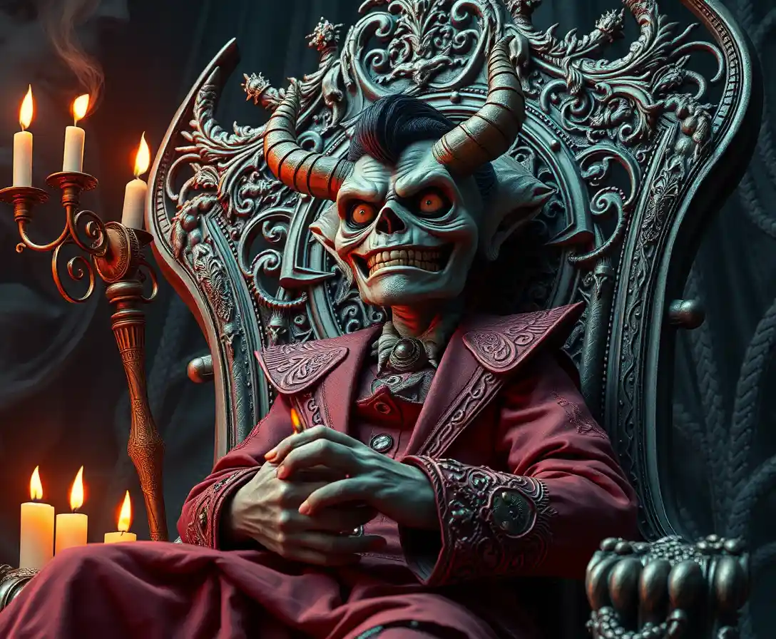 Surreal whimsical character on a throne in vibrant fantasy scene