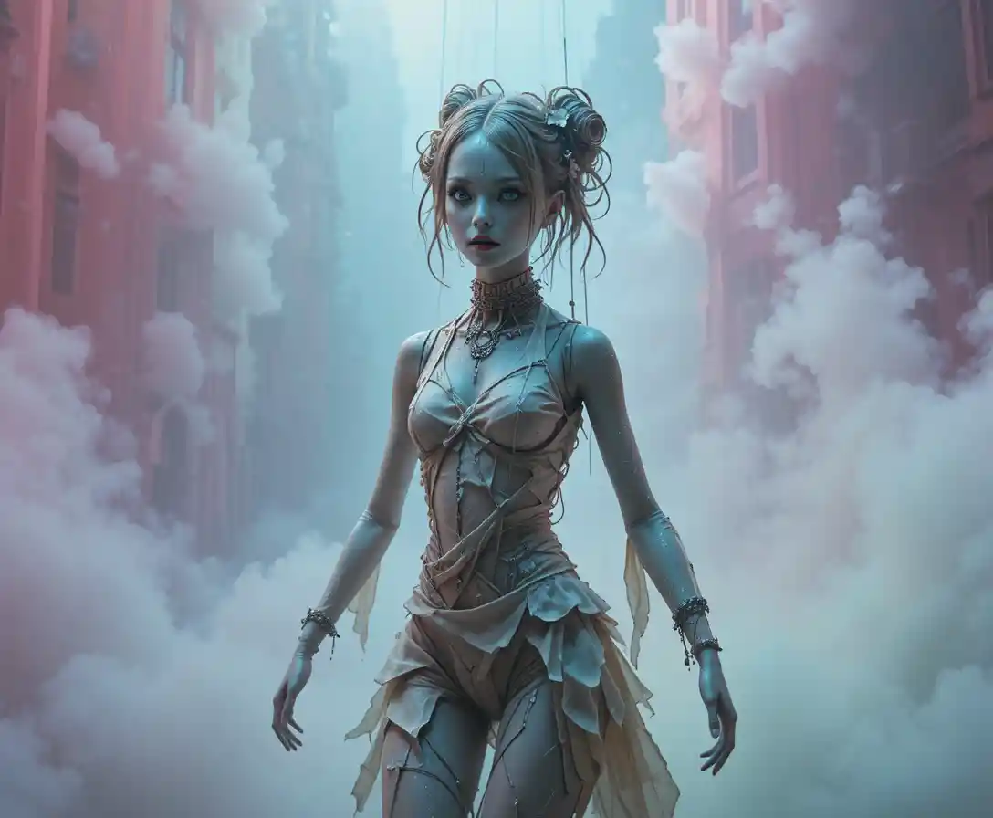 Hyperrealistic puppet dancer in a hazy dreamlike scene
