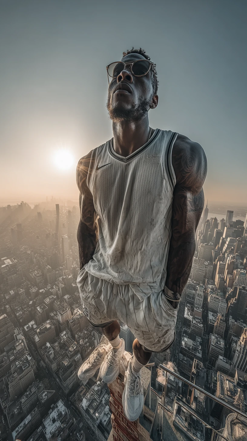 Jugador de baloncesto alto que se eleva sobre el horizonte de Nueva York