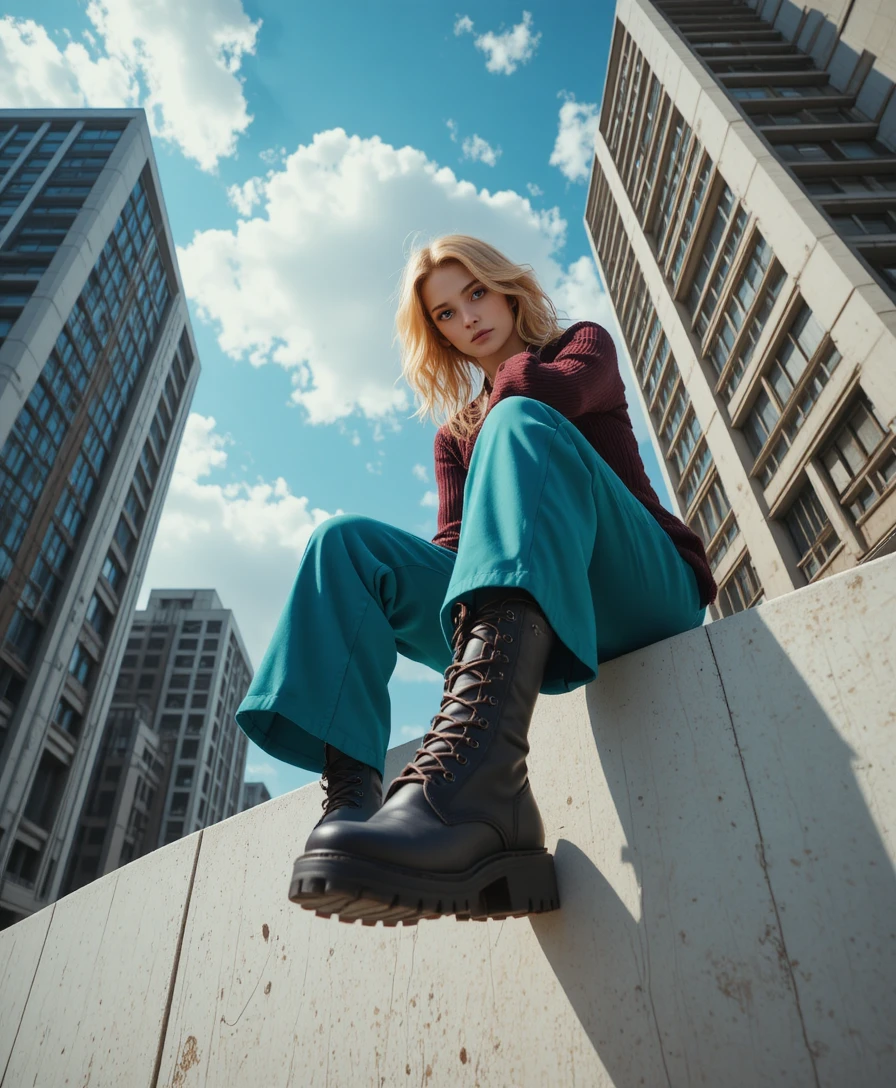 Young woman in cityscape viewed from bold low angle